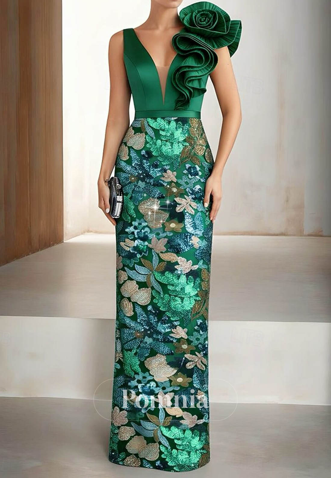 Dark Green Spaghetti Straps V-Neck Evening Dress