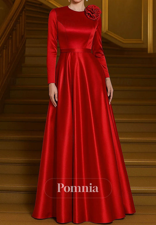 Elegant Floor Length Long Sleeve Crew Neck Evening Dress