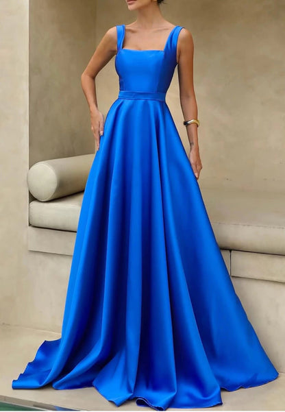 A-Line Square Spaghetti Straps Empire-Waist Sweep Train Long Mother of Bride Dress Formal Evening Gown