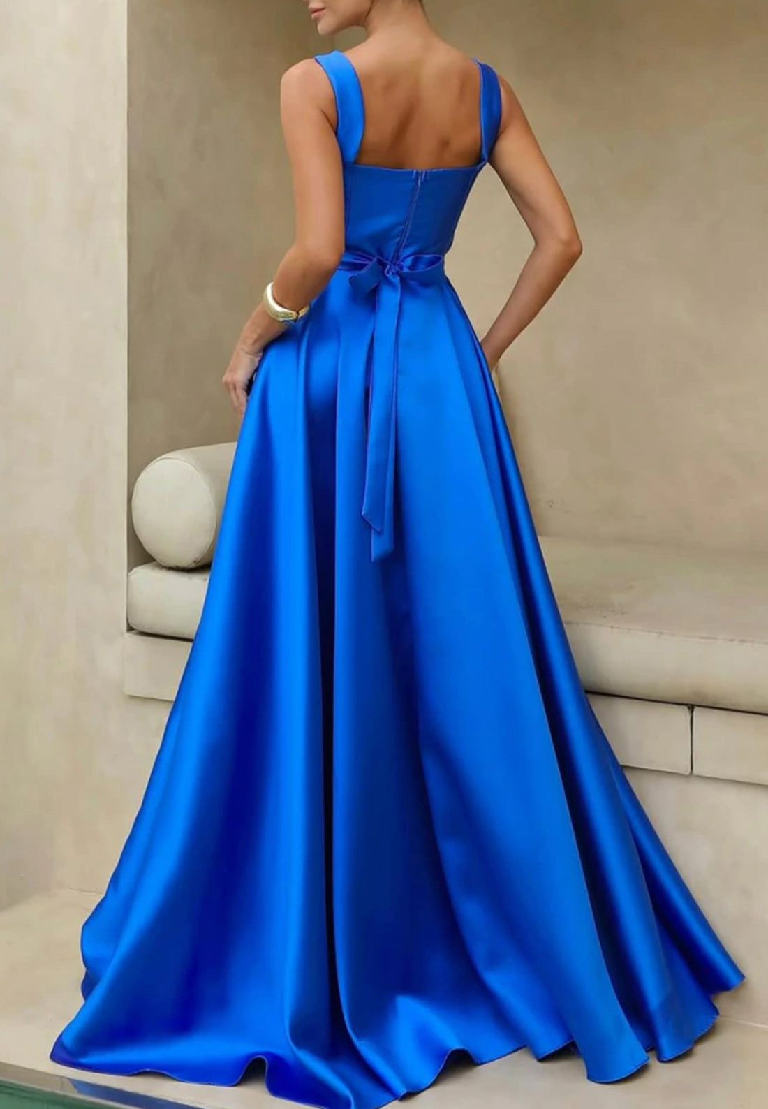A-Line Square Spaghetti Straps Empire-Waist Sweep Train Long Mother of Bride Dress Formal Evening Gown