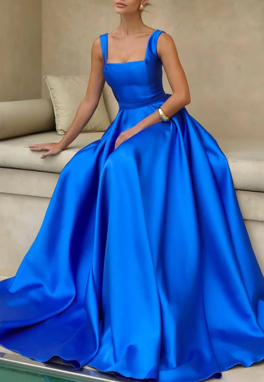 A-Line Square Spaghetti Straps Empire-Waist Sweep Train Long Mother of Bride Dress Formal Evening Gown