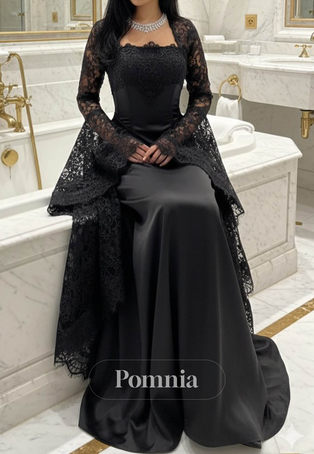 Black Long Sleeves Square Ruffles A-Line Prom Dress