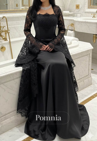 Black Long Sleeves Square Ruffles A-Line Prom Dress