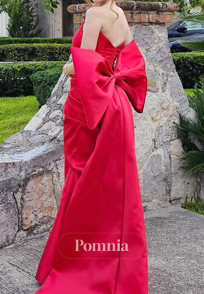 Red A-Line Strapless Sleeveless Bowknot Slit Prom Dress