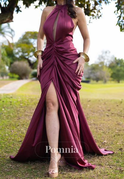 Halter Sleeveless Ruched Slit Backless Mother of the Bride Dress