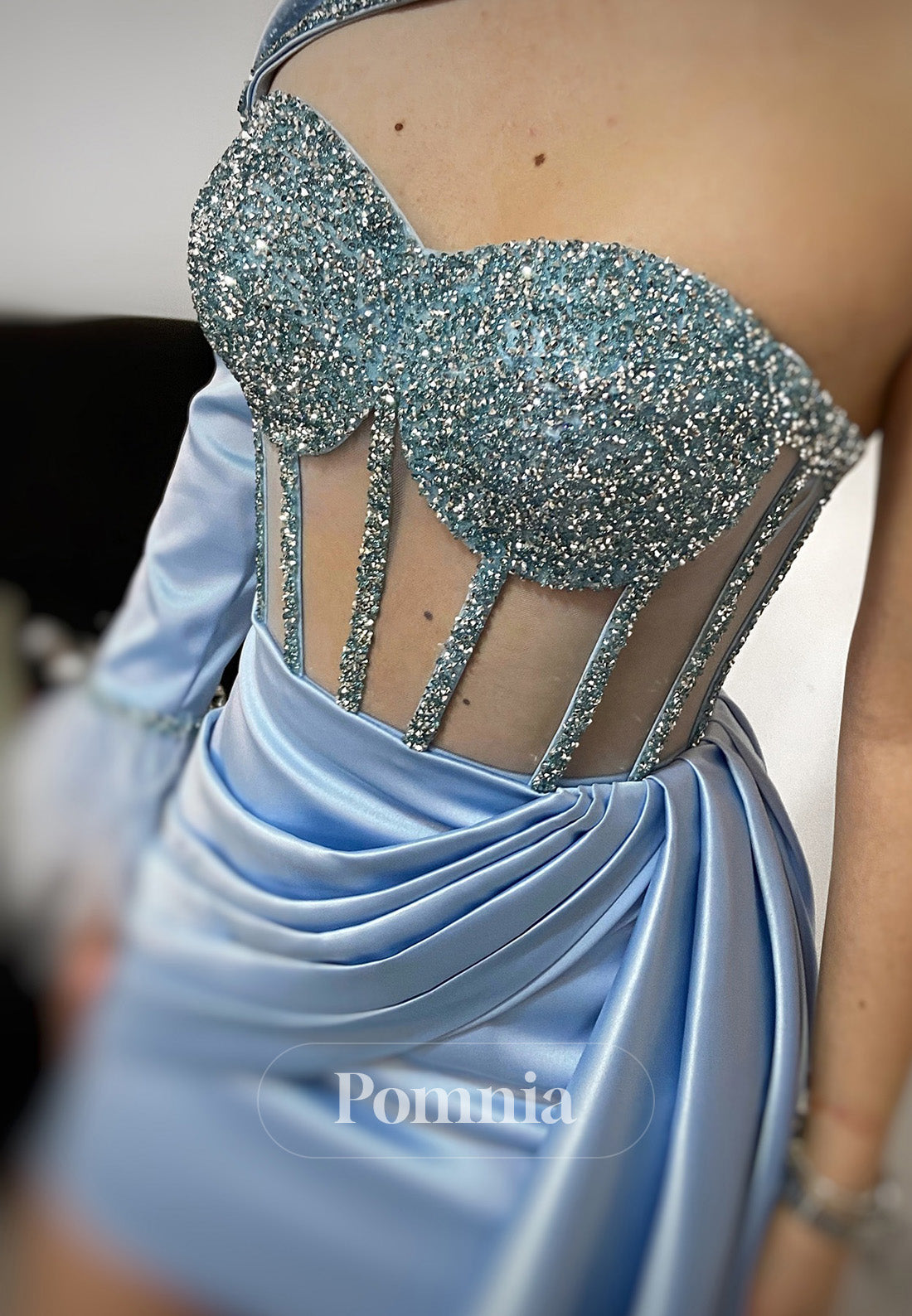 Sky Blue One Shoulder Long Sleeves Corset Tulle Homecoming Dress