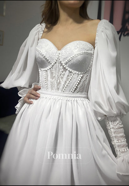 Long Sleeves Sweetheart Corset Short Wedding Dress