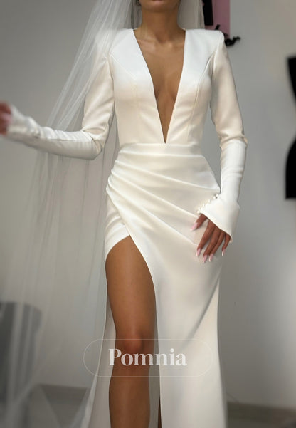 Simple Long Sleeves V-Neck Slit Ruched Wedding Dress