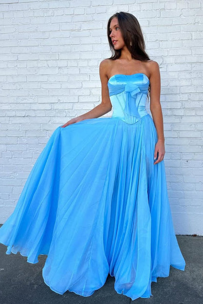 Blue - A Line Strapless Pleated Chiffon Long Prom Dress with Bow