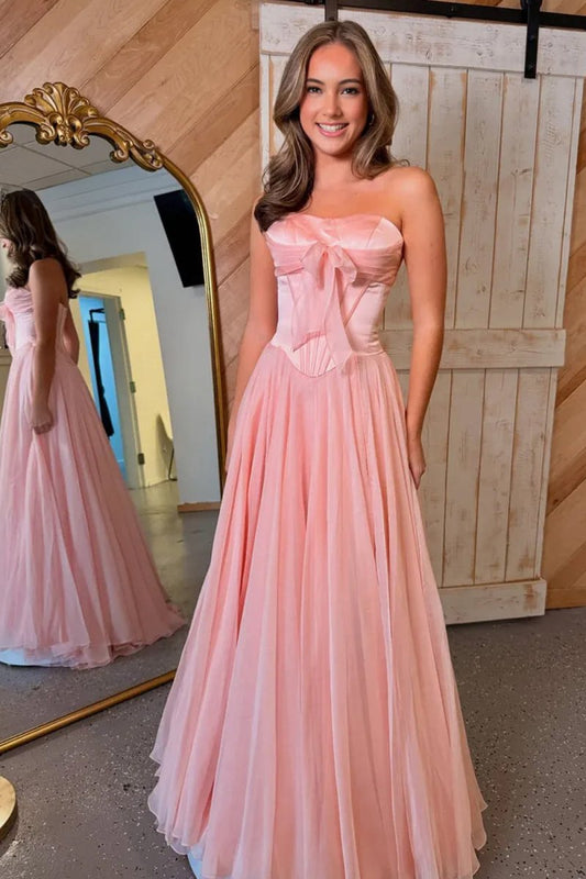 A Line Strapless Pleated Chiffon Long Prom Dress with Bow