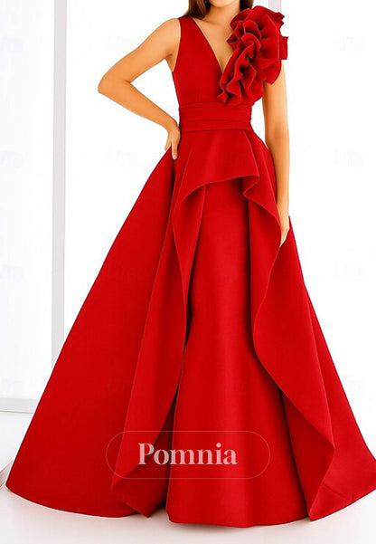 A-Line Spaghetti Straps V-Neck Floral Appliques Evening Dress