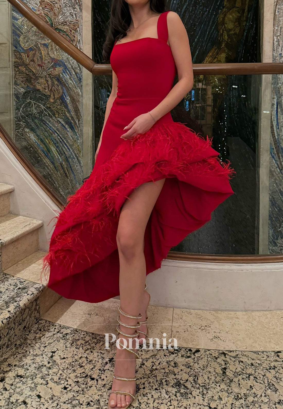 Red Spaghetti Straps Square Ruffles Prom Dress