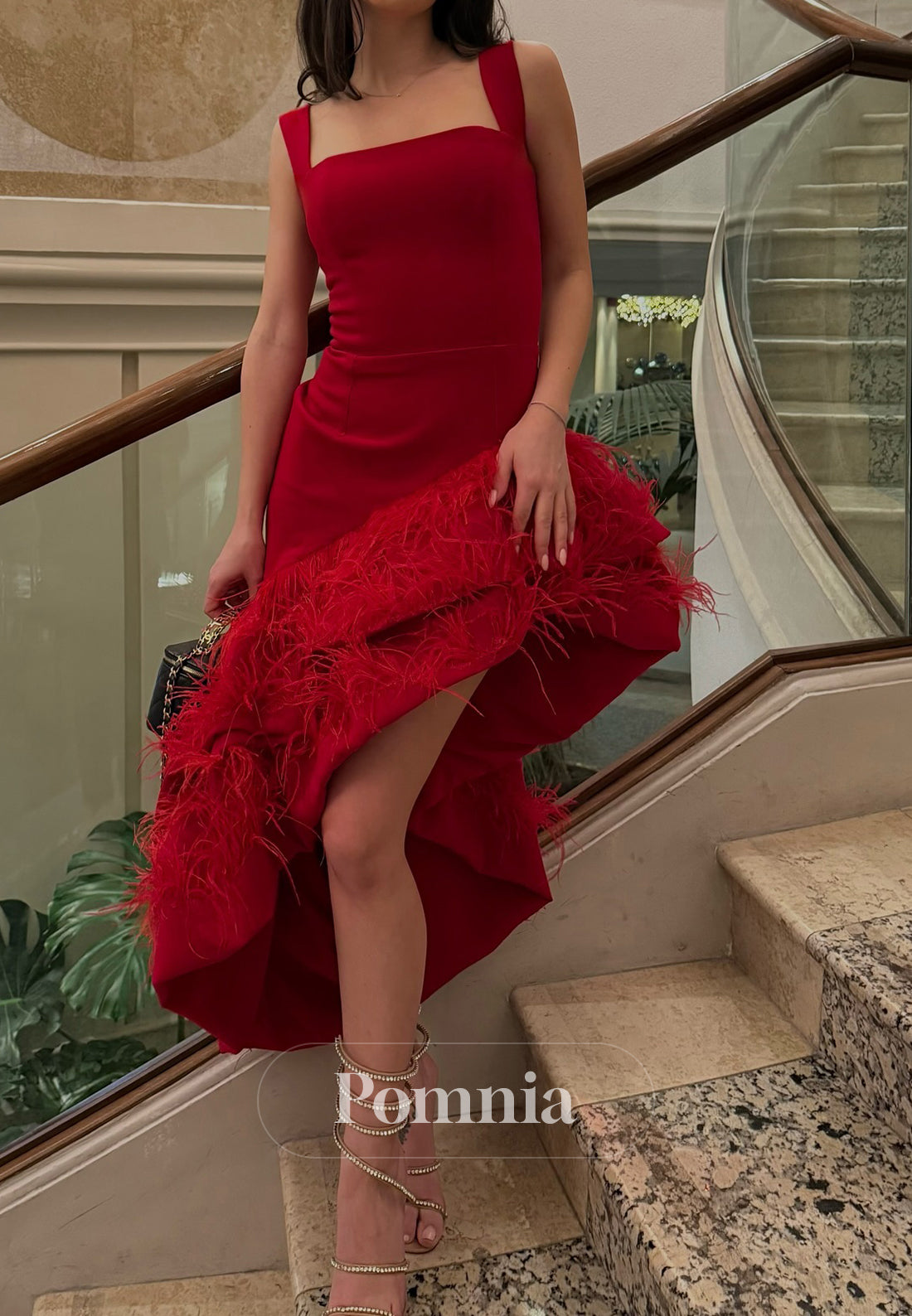 Red Spaghetti Straps Square Ruffles Prom Dress