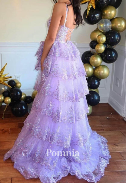 Lilac Spaghetti Straps Ruffles Sequins Prom Dress
