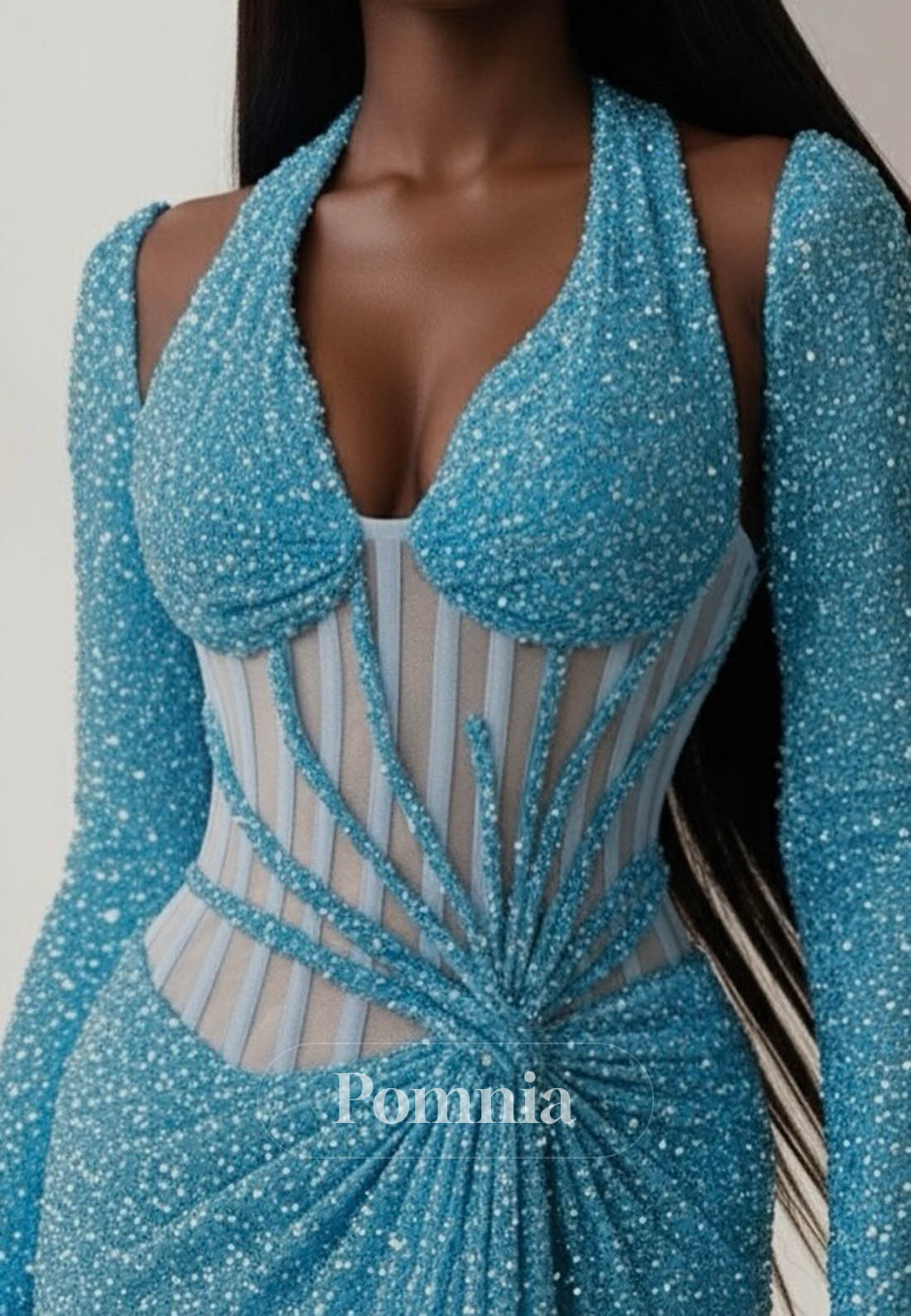 Pool Long Sleeves V-Neck Ruched Corset Prom Dress