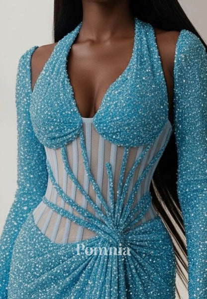 Pool Long Sleeves V-Neck Ruched Corset Prom Dress