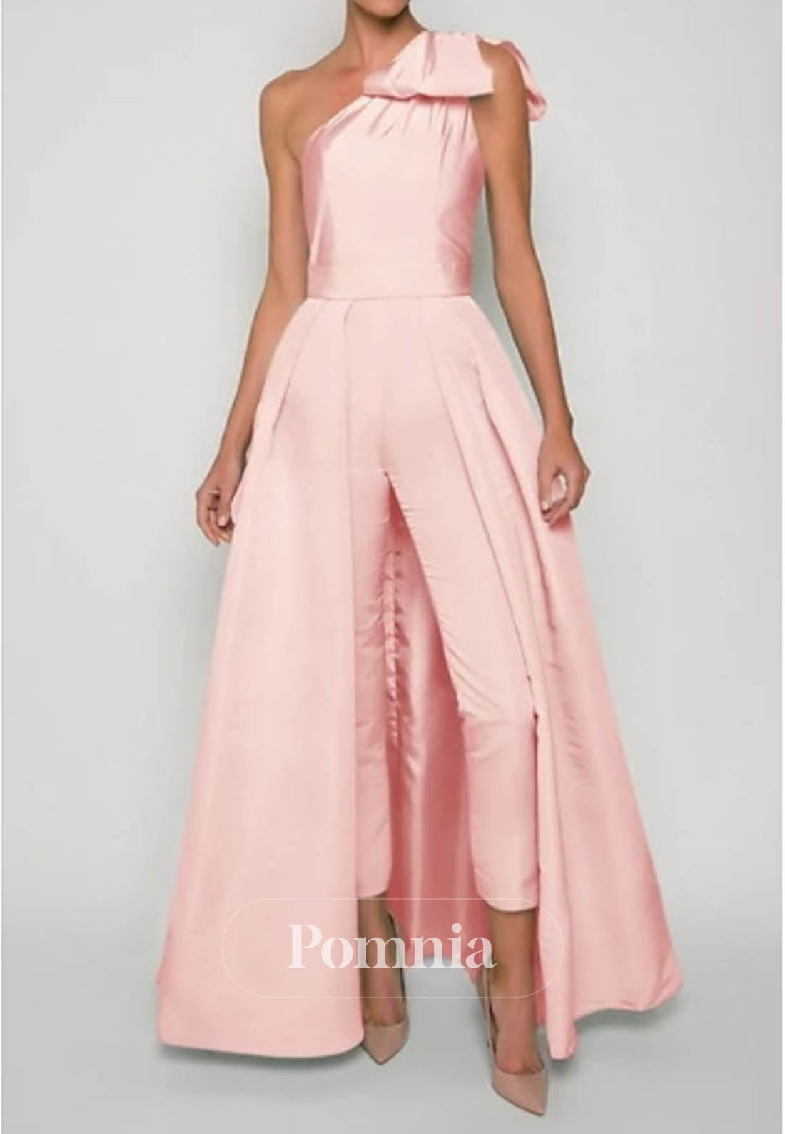 Simple One Shoulder Sleeveless Jumpsuit Satin Evening Dress