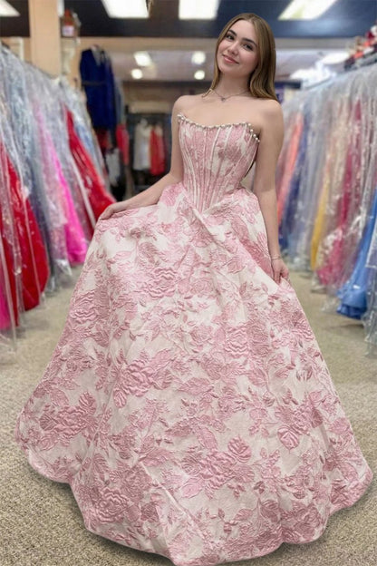 A Line Strapless Jacquard Long Prom Dresses