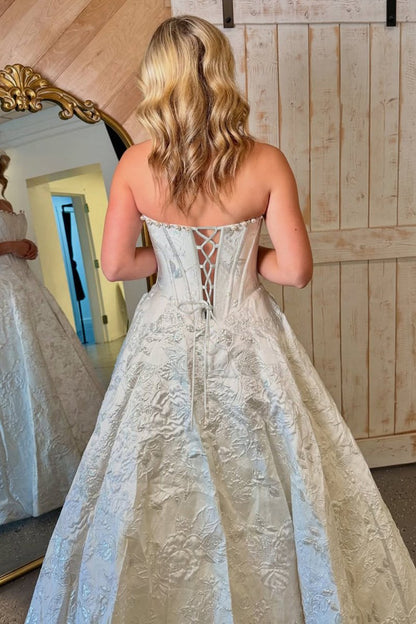 White - A Line Strapless Jacquard Long Prom Dresses