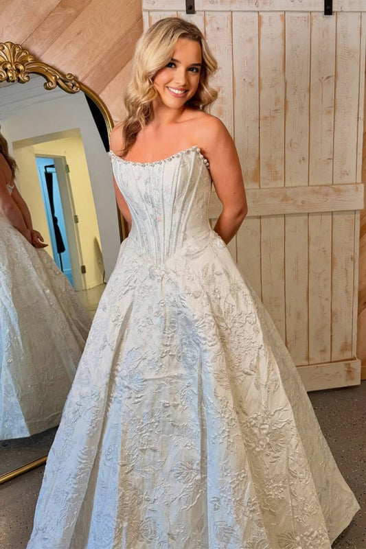 White - A Line Strapless Jacquard Long Prom Dresses