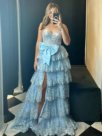A-Line Sweetheart Sequin Ruffles Long Prom Dresses with Bow