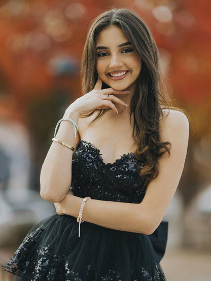 A-Line Sweetheart Sequin Ruffles Long Prom Dresses with Bow