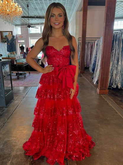 A-Line Sweetheart Sequin Ruffles Long Prom Dresses with Bow