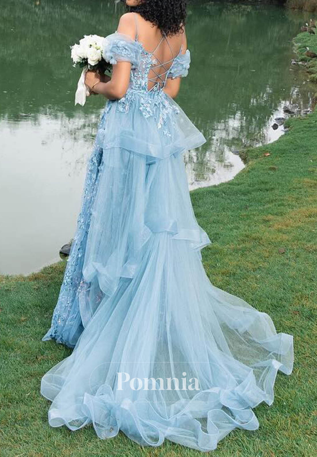 Sky Blue Off-Shoulder Sleeveless Slit Appliques Prom Dress
