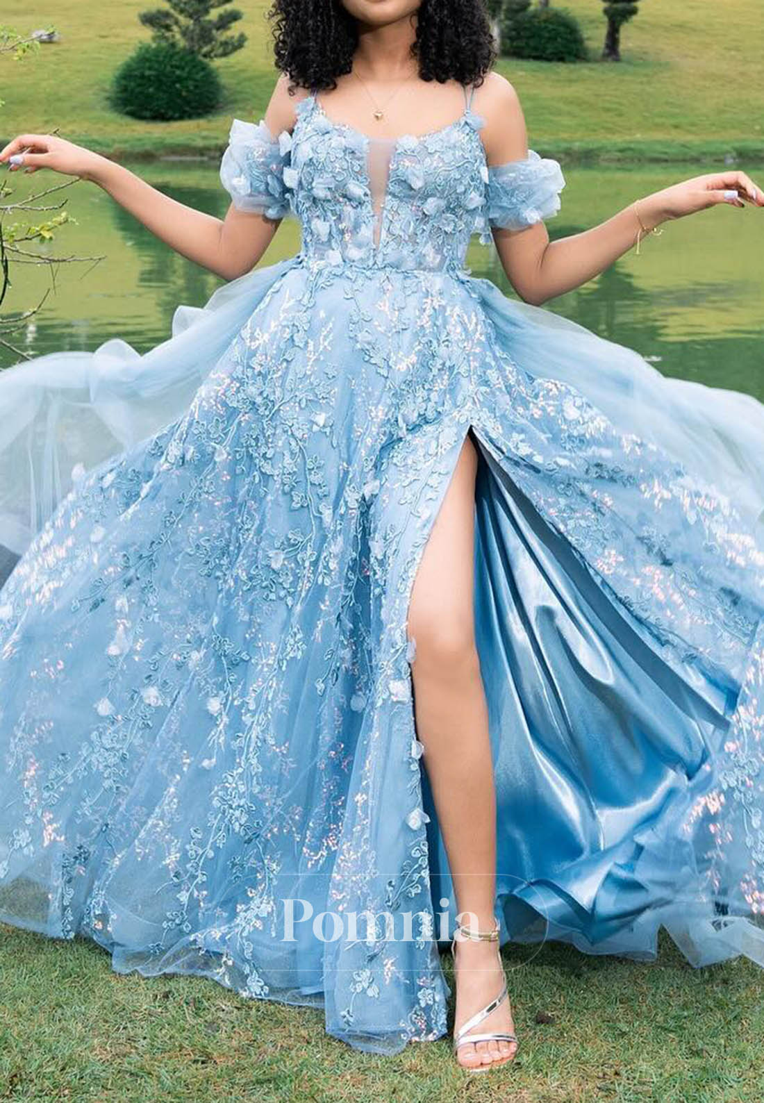 Sky Blue Off-Shoulder Sleeveless Slit Appliques Prom Dress