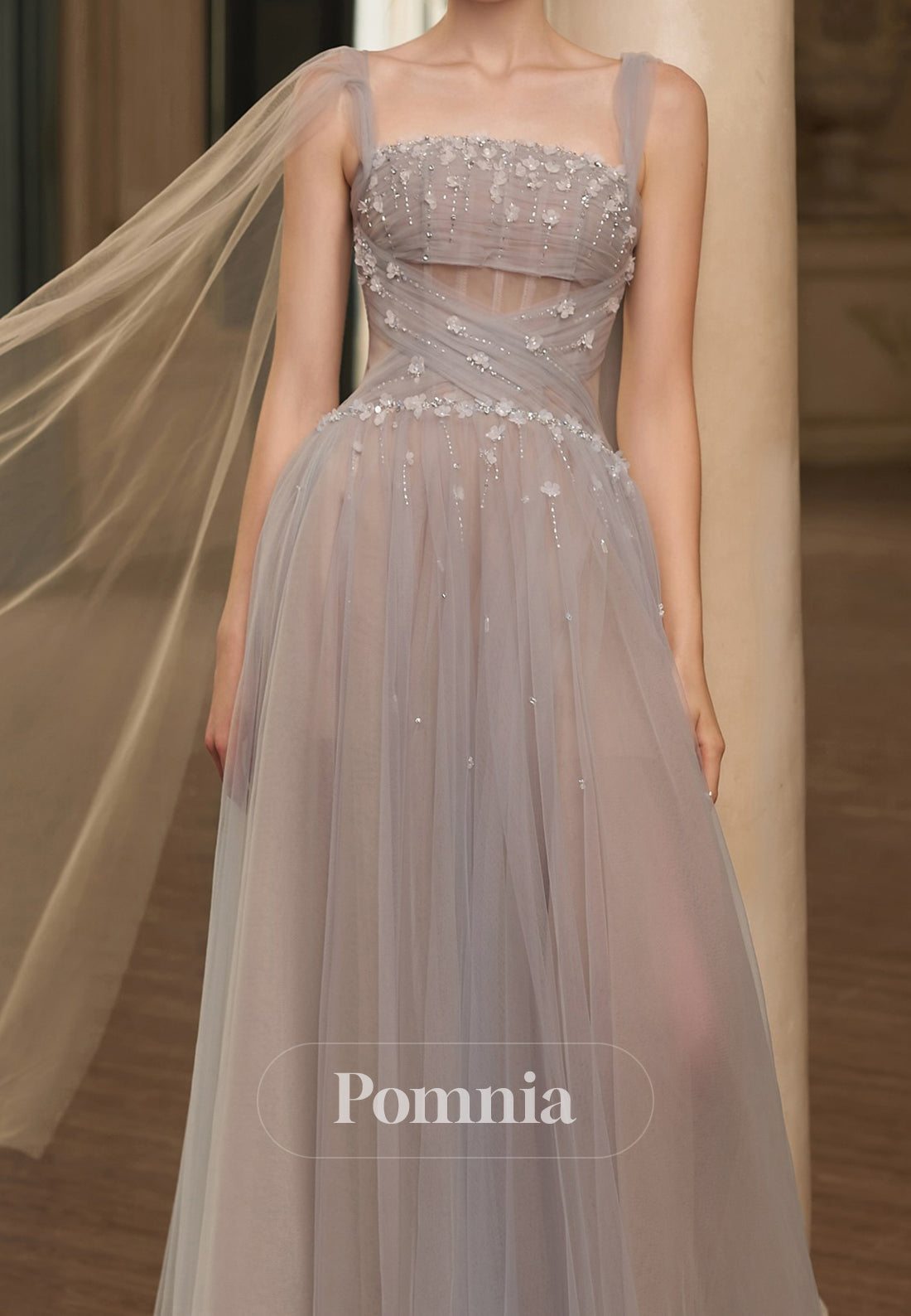 Frost Spaghetti Straps Square Corset Tulle Evening Dress