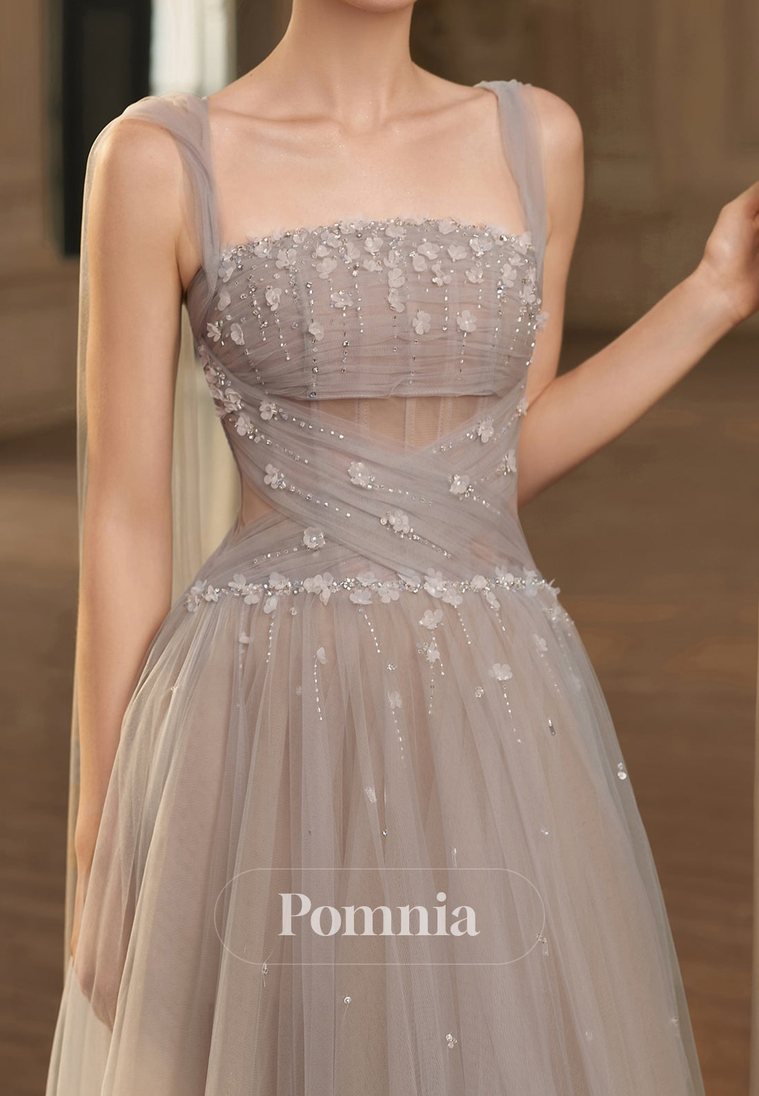 Frost Spaghetti Straps Square Corset Tulle Evening Dress