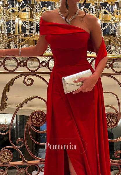 Red One Shoulder Sleeveless Slit Ruched Prom Dress