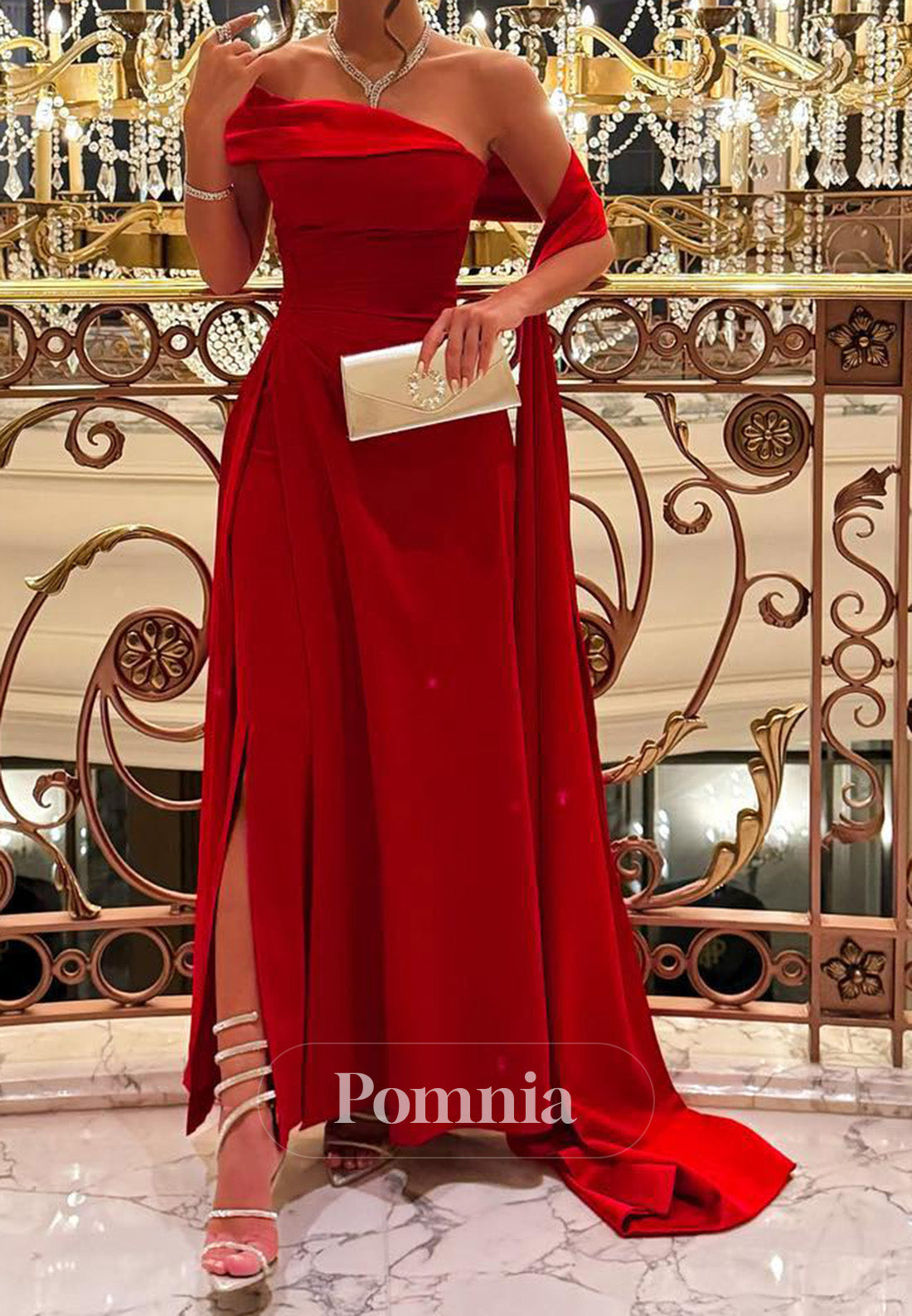 Red One Shoulder Sleeveless Slit Ruched Prom Dress