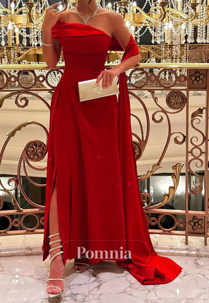 Red One Shoulder Sleeveless Slit Ruched Prom Dress