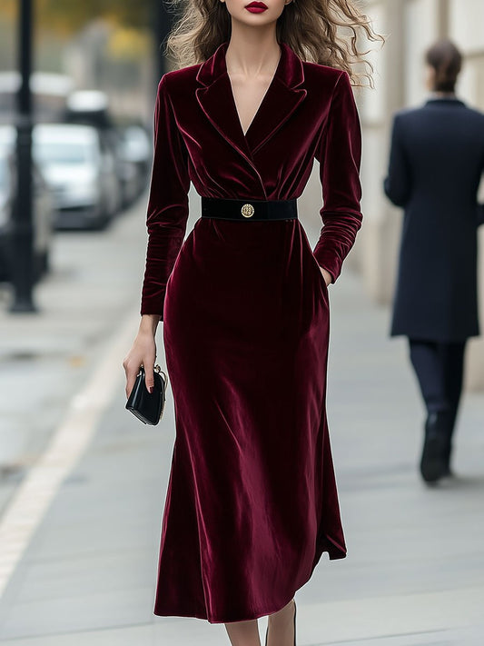 Classic Long-Sleeve Velvet Dress with Gold Accents