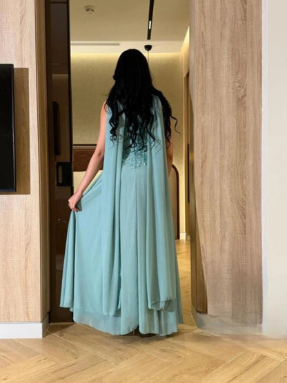 Strapless Beaded Sleeveless A-Line Side Shawl Evening Dress