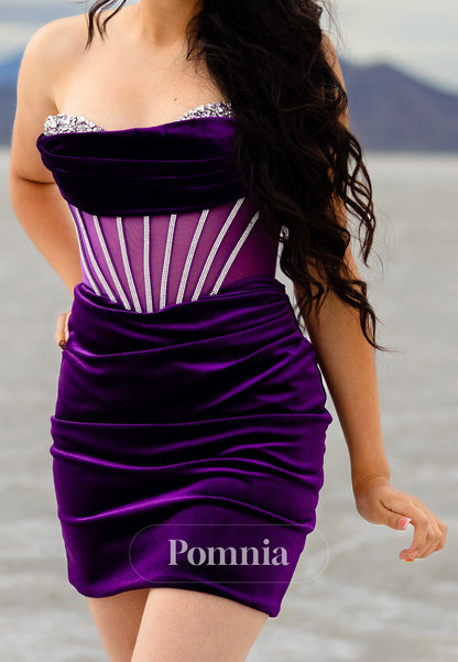 Velvet Strapless Sleeveless Corset Tulle Mini Homecoming Dress