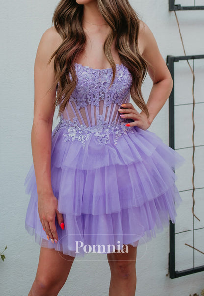 Lilac Sleeveless Strapless Ruffles Short Homecoming Dress