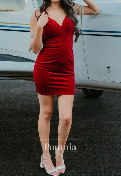 Red Spaghetti Straps V-Neck Short Homecoming Dress