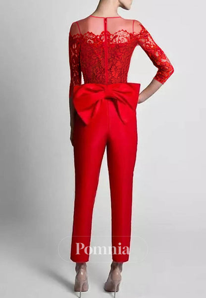 Long Sleeves Scoop Floral Appliques Jumpsuit Bowknot Evening Dress