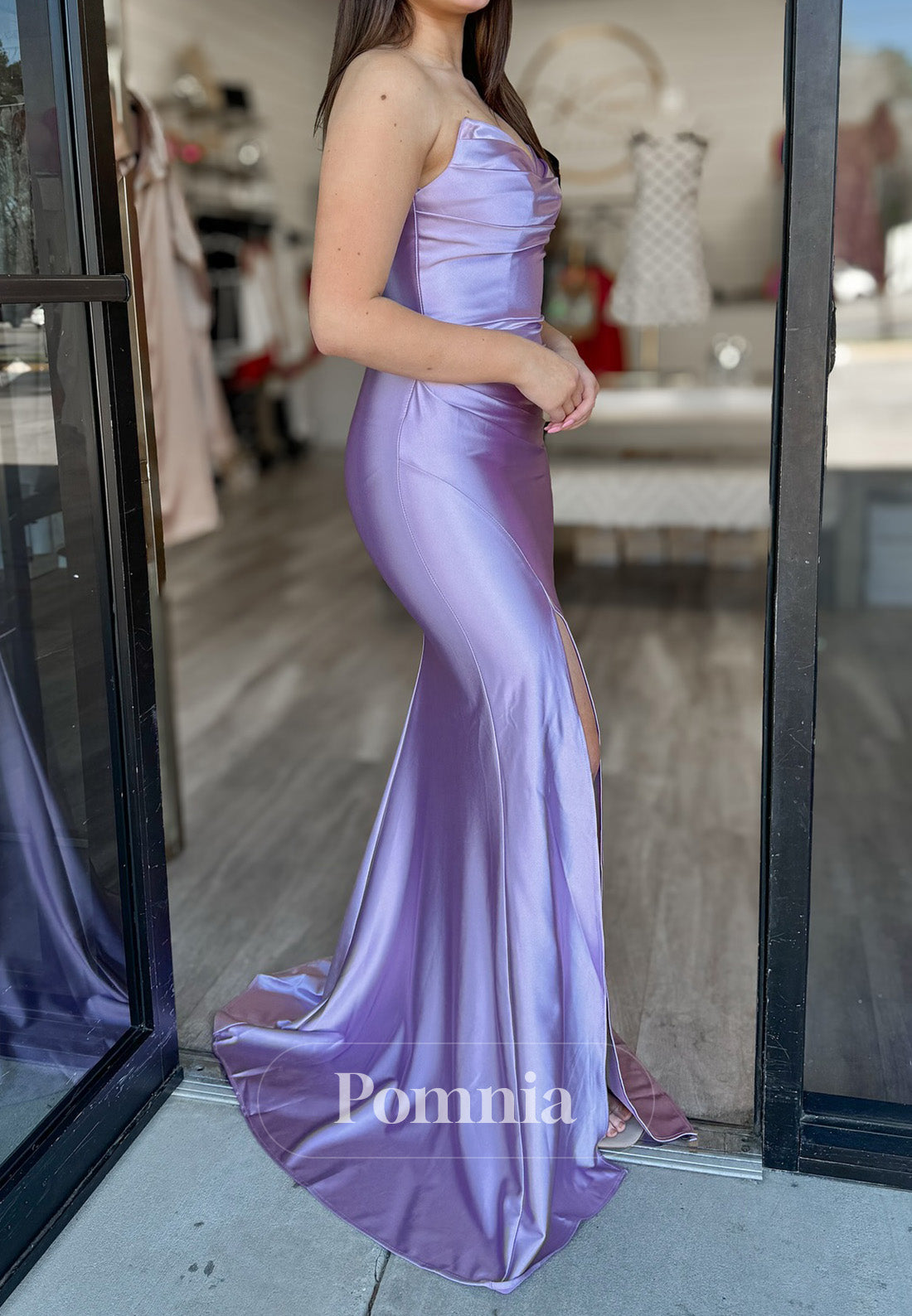 Lilac Sleeveless Strapless Slit Sheath Prom Dress