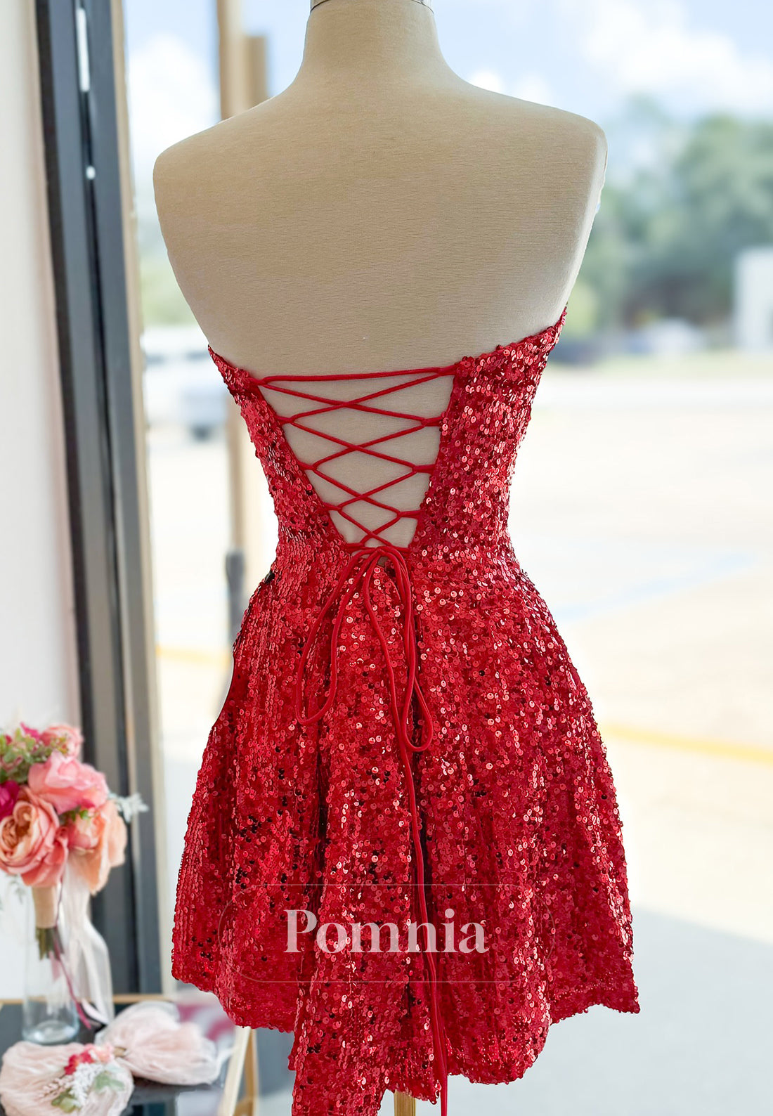 Red A-Line Sleeveless Strapless Sequins Lace-Up Back Homecoming Dress