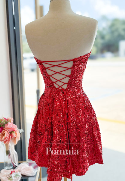 Red A-Line Sleeveless Strapless Sequins Lace-Up Back Homecoming Dress
