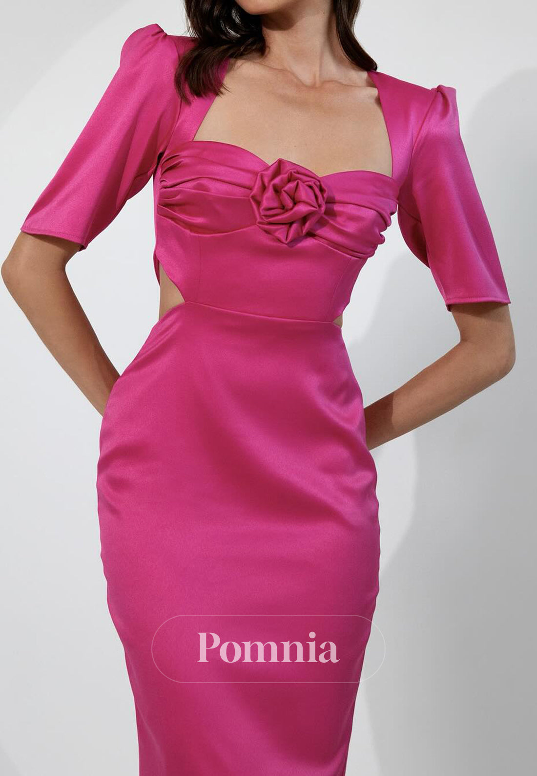 Short Sleeves Square Knee-Length Ruched Mother of the Bride Dress