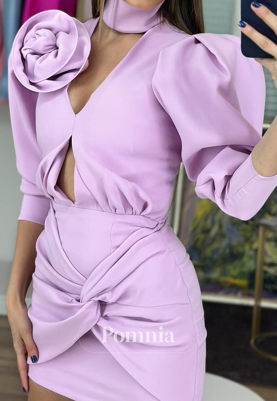 Lilac Long Sleeves V-Neck Floral Appliques Homecoming Dress