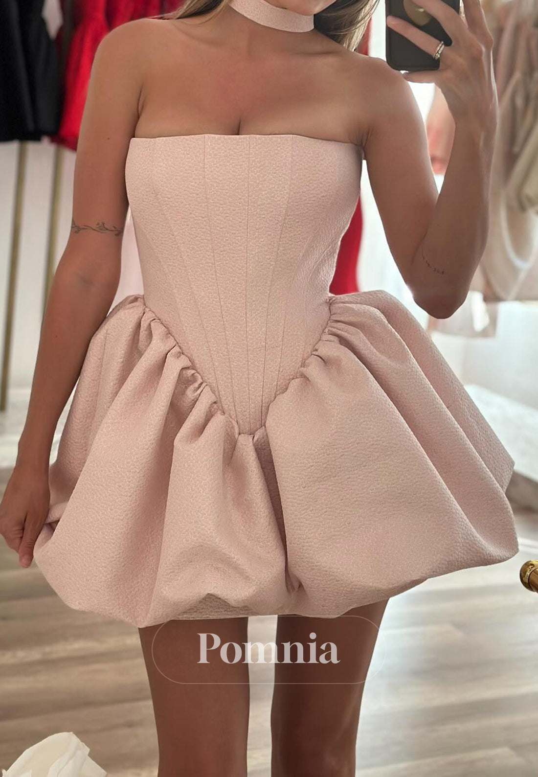 Rose Petal Sleeveless Strapless Short Homecoming Dress