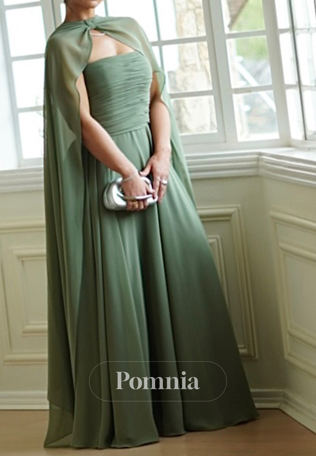 Dusty Sage Cape A-Line Empire-Waist Chiffon Mother of the Bride Dress