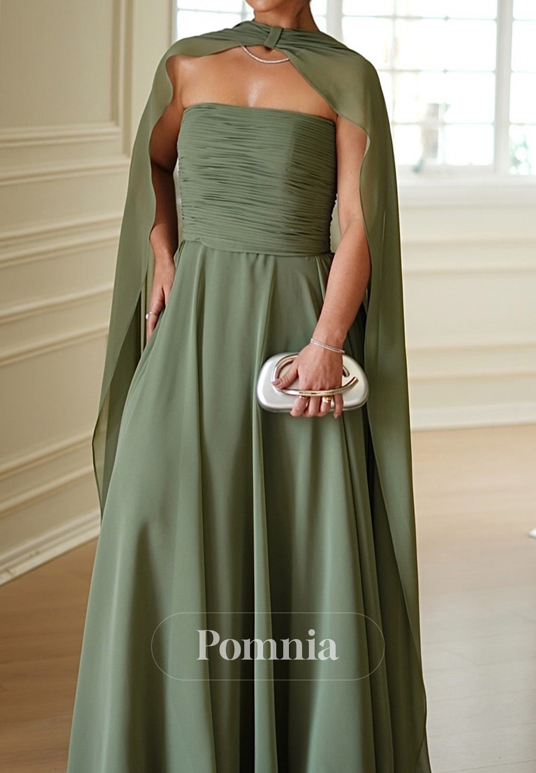 Dusty Sage Cape A-Line Empire-Waist Chiffon Mother of the Bride Dress