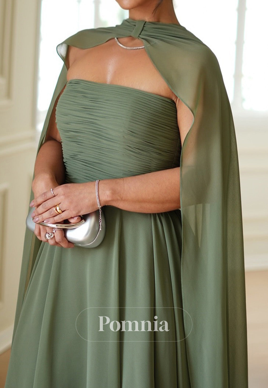 Dusty Sage Cape A-Line Empire-Waist Chiffon Mother of the Bride Dress