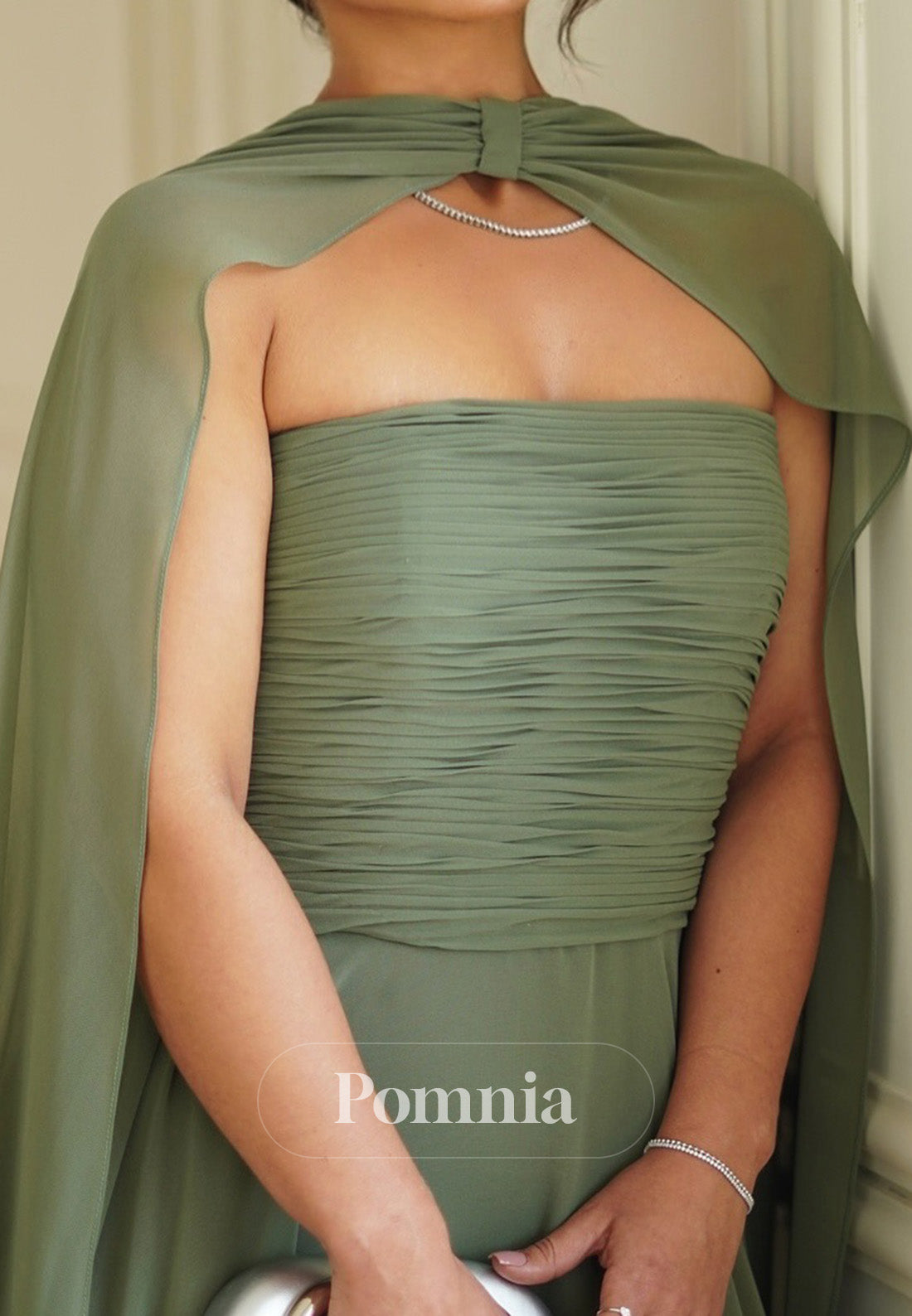 Dusty Sage Cape A-Line Empire-Waist Chiffon Mother of the Bride Dress